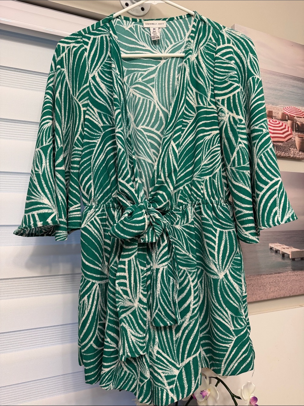 Sincerely Jules Green and White Leaf-Print Tie-Waist Romper